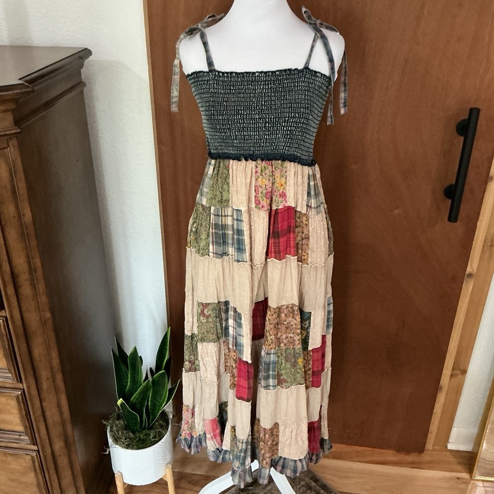 Young Threads Patchwork Dress Smocked Large Maxi Boho Cottage Prairie Western - Picture 3 of 16